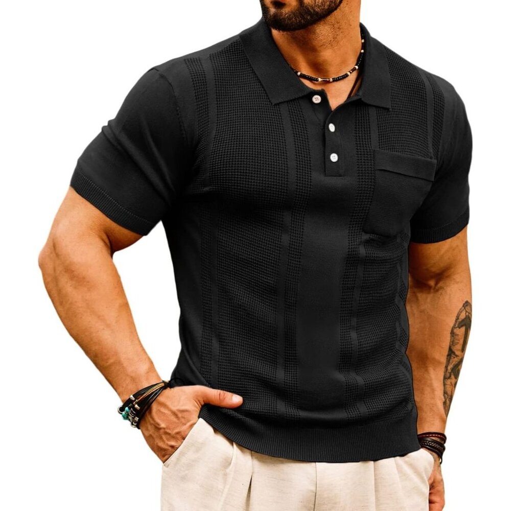 Men's Knit Black Viscose Polyamide Blend Short Sleeve Quarter Zip Polo Shirt